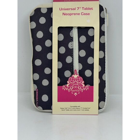NWT Pink Chandelier 7" Tablet Zipper Neoprene Case Blue White Polka Dot Stylish - Picture 2 of 4